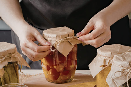 A person is shown preparing homemade canned goods, specifically jars of preserved fruits or...
