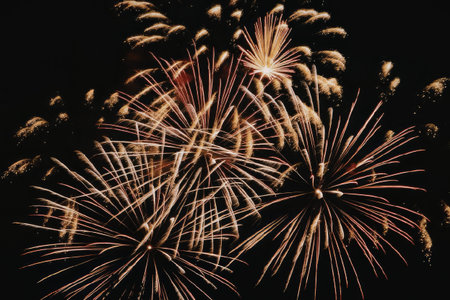 The image depicts a stunning display of vibrant fireworks exploding in the night sky, showcasing a...
