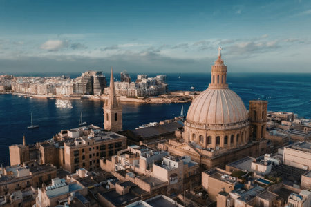 An aerial view of a historic city featuring a prominent domed building and surrounding structures,...