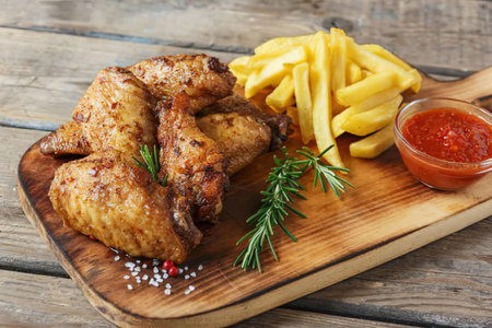 A wooden board with roasted chicken, french fries, and a side of sauce, garnished with herbs and spices.の写真素材