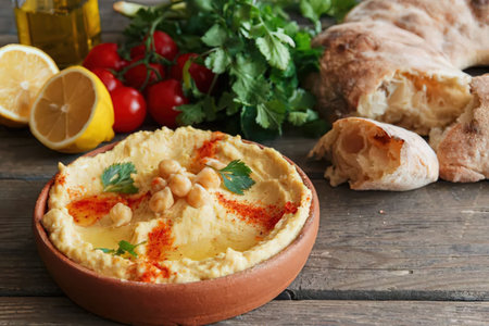 A bowl of creamy hummus garnished with herbs and spices, served with bread and vegetables.の写真素材