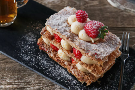 A layered pastry dessert with strawberries and cream on a black plate