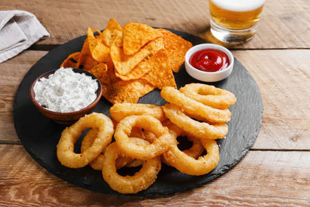 A plate of crispy onion rings, crunchy chips, and tasty dips on a wooden table.