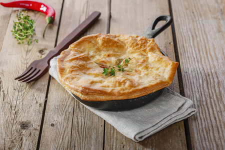 A savory pie in a cast iron skillet, garnished with herbs and accompanied by a fork and knife on a...