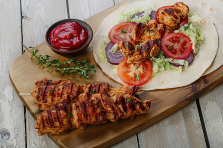 A delicious grilled chicken shawarma with tomato, lettuce, and sauce on a wooden board.