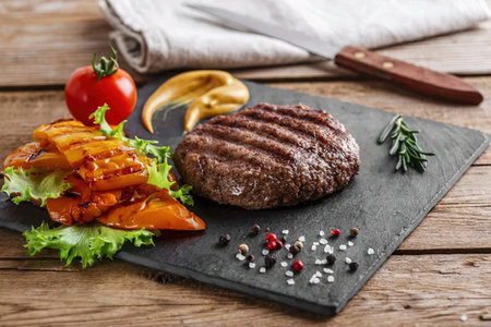 A grilled steak on a slate plate with roasted sweet potato, lettuce, tomato, and herbs on a wooden...