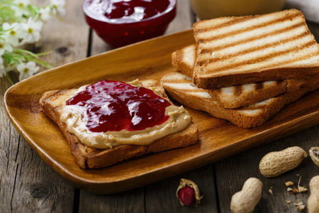 A toasted peanut butter and jelly sandwich on a wooden plate with a stack of grilled sandwiches,...