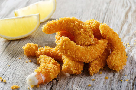 A plate of crispy fried shrimp strips served with lemon wedges on a wooden table