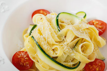 A plate of zucchini pasta with cherry tomatoes and parmesan cheeseの写真素材