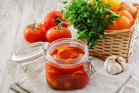 A jar of homemade tomato preserves with fresh tomatoes, herbs, and garlic on a rustic table.の写真素材