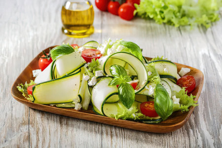 A plate of fresh vegetable salad with sliced zucchini, tomatoes, and lettuce on a wooden table with a bottle of oil in the background.の写真素材