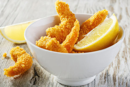 A white bowl filled with golden fried fish sticks and lemon slices on a wooden table.