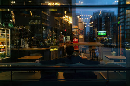 A blurry view of a bar with a cityscape at night, seen through a window. The bar has a counter and stools, with bottles and lights visible.の写真素材