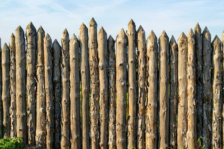 The image depicts a wooden fence made of pointed logs standing against a blue sky.の写真素材