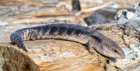 A small lizard with a brown and black striped back and a light brown belly is resting on a log.の写真素材