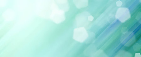 An abstract light green background with white and blue hexagons and sparklesの写真素材