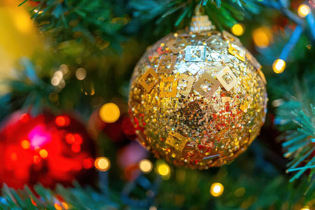 A close-up view of a Christmas tree with a gold ornament in the foreground and red ornaments and...