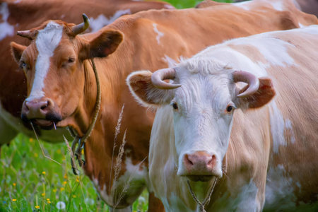 Two cows standing in a lush green field, one brown and white and the other white with brown spots.