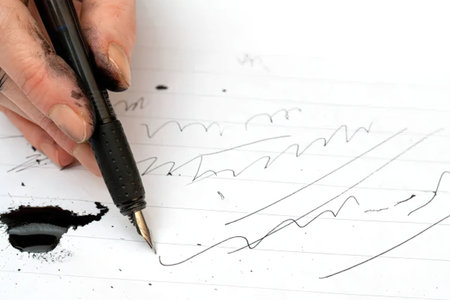 A hand holding a black pen with a gold tip, drawing wavy lines on a white paper with ink splatters.
