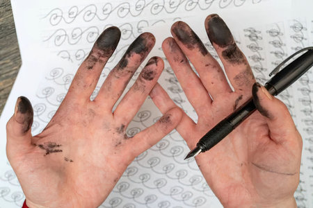 A pair of hands with dirty fingers holding a pen on top of a piece of paper.