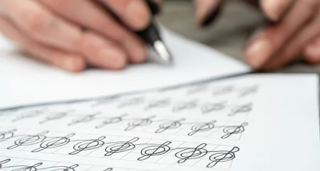 Close-up of hands holding a pen and filling out a multiple choice test with many options.