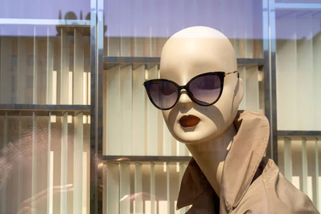 A mannequin head wearing sunglasses is displayed in front of a store window with a beige and glass facade.の写真素材