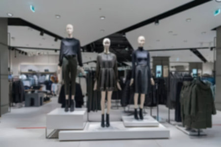 The image shows a clothing store with mannequins on display. The mannequins are dressed in black...