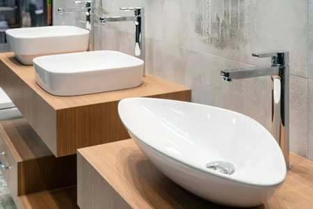 Two modern white bathroom sinks with silver faucets on wooden countertops