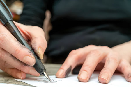 A person is writing on a piece of paper with a pen, focusing on the hand and arm movement.