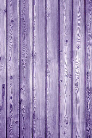 A close-up of vertical purple wooden fence panels with visible wood grain and knots.の写真素材