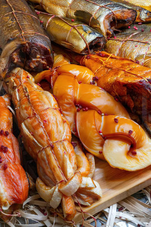 A close-up view of smoked fish arranged on a wooden plate, showcasing their golden-brown color and...