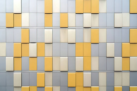 A colorful mosaic pattern composed of small square tiles in shades of yellow, cream, and gray,...