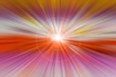 An abstract image featuring a bright light at its center, radiating vibrant purple, orange, and...