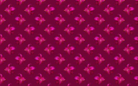 A seamless pattern of small, vibrant pink flowers on a deep purple backgroundの写真素材