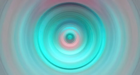 An abstract image featuring vibrant teal concentric circles with a pink center, creating a...