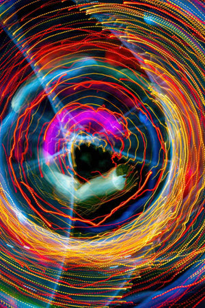 The image features a mesmerizing display of swirling patterns and vibrant lights. The center of the...