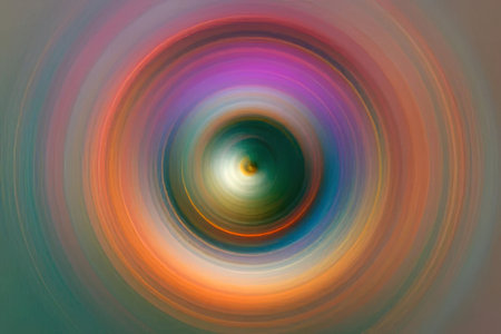 A vibrant multicolor abstract artwork featuring concentric circles and a central sphere with a blend...