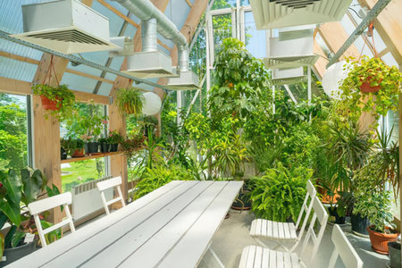 A peaceful greenhouse interior with white wooden furniture and lush greenery