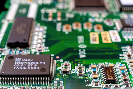 Modern computer motherboard featuring various microchips and integrated circuits with detailed...