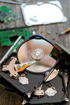 Opened hard disk drive lies on a wooden workbench with exposed internal components and other...
