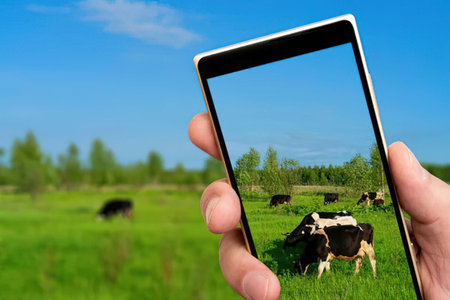 Person holding smartphone capturing image of cows grazing in a lush green pasture on a sunny day...