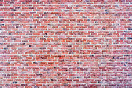 Red brick wall featuring varied shades of red and black bricks in a traditional pattern, creating a...