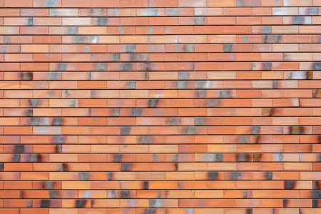 Textured brick wall with a mix of orange and black bricks creating a visually appealing pattern and...