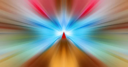 Bright light radiates from the center surrounded by colorful radial lines creating a vibrant abstract background.の写真素材