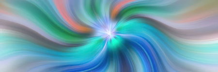 Bright light at the center of swirling blue green and orange hues creates a mesmerizing abstract...