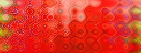 Colorful circles create visually appealing patterns on a vibrant red abstract background, suitable...