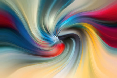 Vibrant abstract colorful spiral pattern creates dynamic swirling motion, blending blue, red, and...