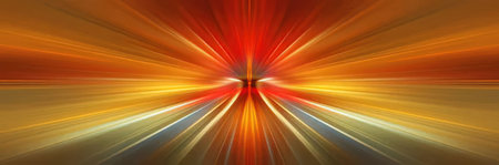 Bright rays of light in shades of red, orange, and yellow radiate from the center creating a vibrant...