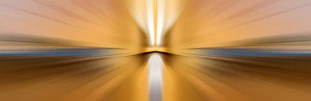 Bright abstract light tunnel with orange and yellow hues creates a dynamic and futuristic visual...