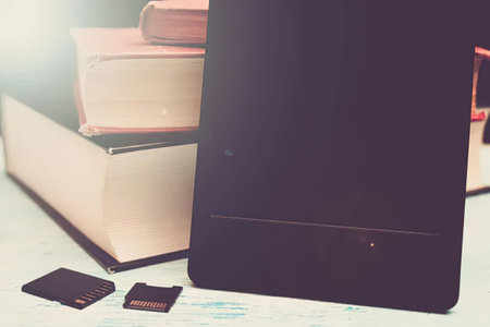 Closed black laptop is sitting on a white surface with two external hard drives and three thick...